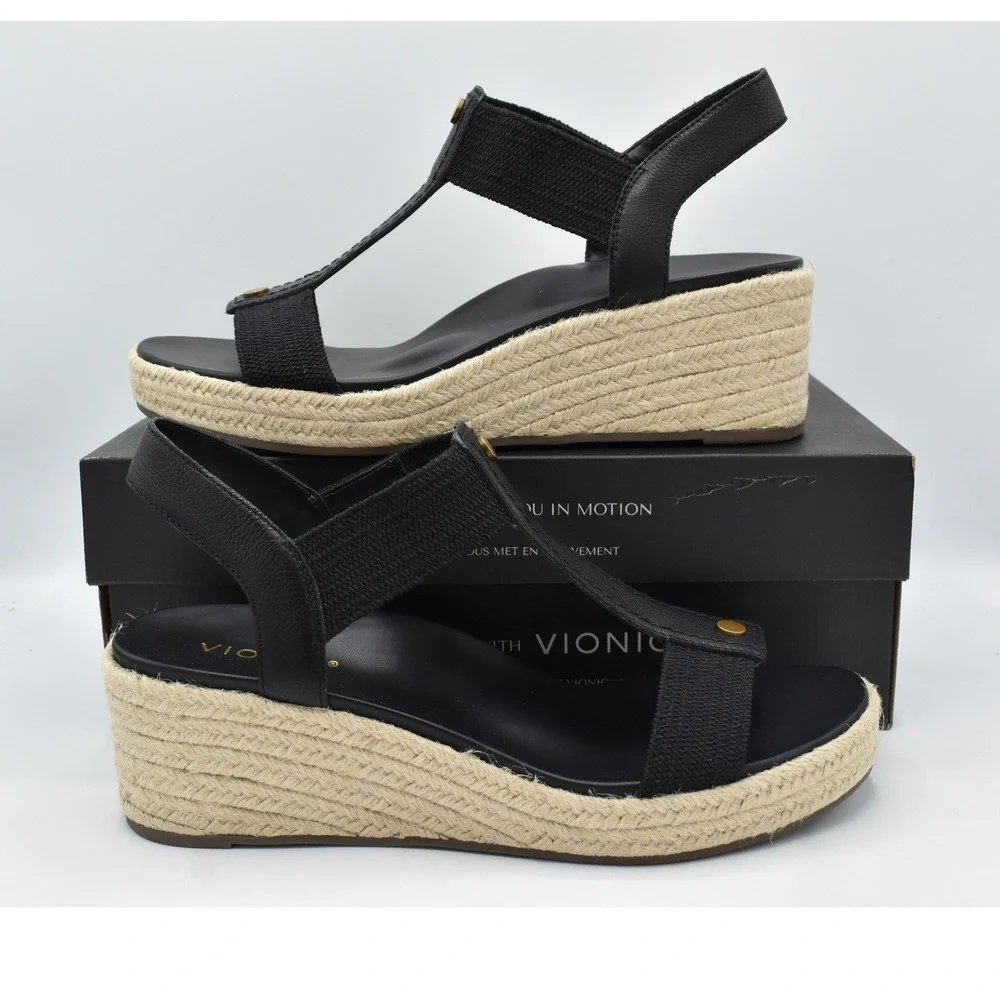 Vionic Women Size 11 Calera Black Leather Stretch Espadrille Wedge Sandals Shoes